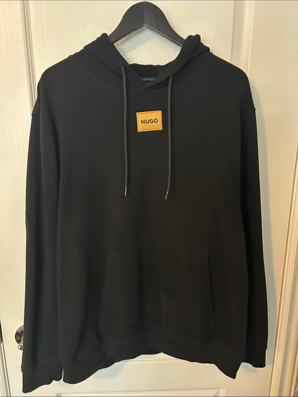 HUGO Black Hoodie with Yellow Logo Patch